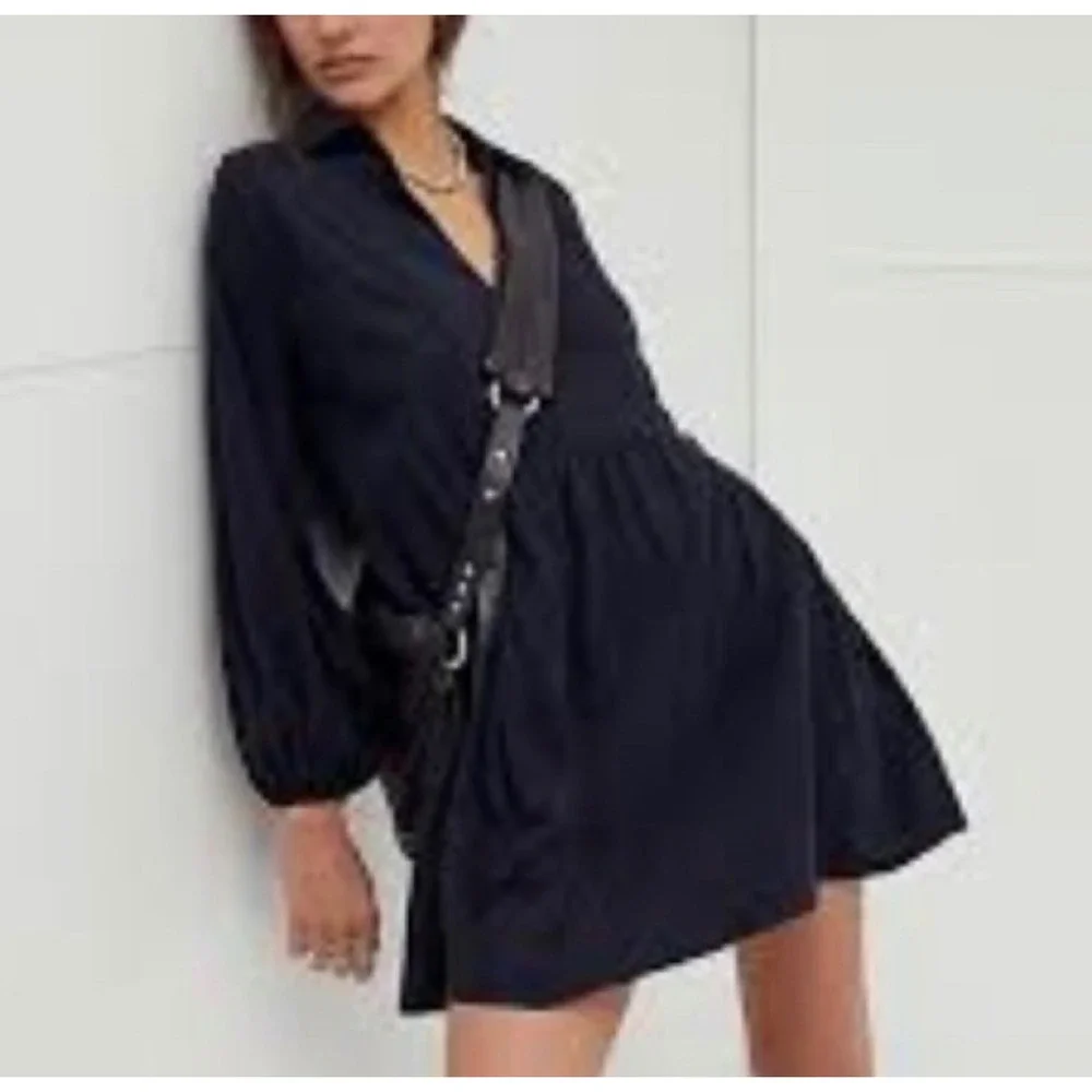 Free People Hudson Beach Mini Tunic Dress Boho Ruffle Hem‎ Womens M Black